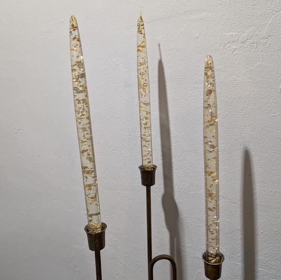 Vintage MCM Lucite Gold Flakes Tapered Candles Miller Candle Co Set of 3 - Picture 2 of 13